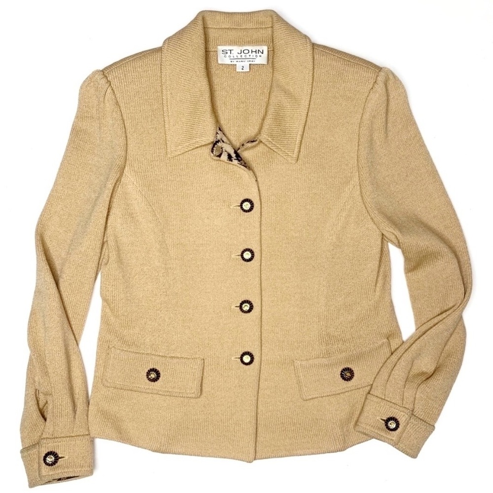St John Collection Knit Blazer Tan Gold Button Career Jacket Classic Luxury Sz 2